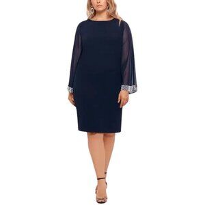 Xscape Womens Plus Size 20 Navy Blue Beaded Bell Sleeve Formal Evening Dress NWT